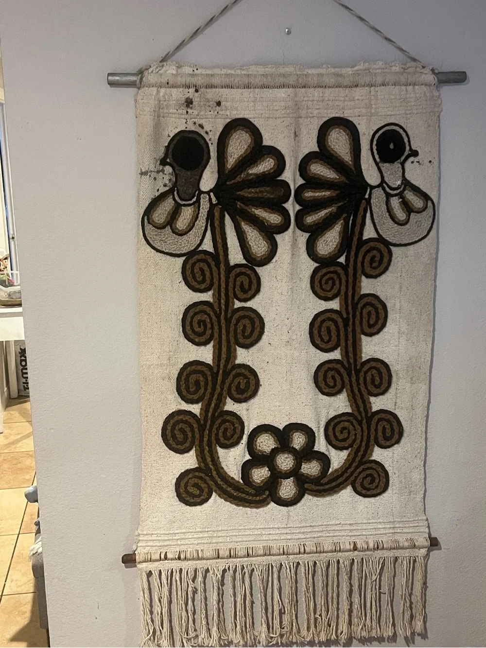 Handcrafted Cream and Brown Floral Bird Tapestry Wall Hanging